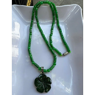 Bộ Dây Chuyền Trang Sức Sợi Trúc Kiểu Xanh Phối Mặt Bông Hoa Mai Đá Cẩm Thạch Tự Nhiên Xanh Ngọc Tự Nhiên Đậm Đẹp Nữ đeo lên cổ đẹp sang quà tặng Mẹ tặng vợ người thân ý nghĩa ạ