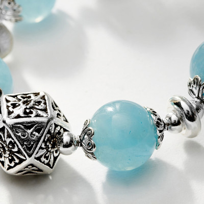 Vòng tay đá aquamarine phối charm mèo bạc size hạt 12mm mệnh thủy, mộc - Ngọc Quý Gemstones