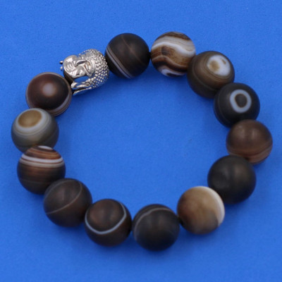 Vòng đeo tay Mã Não Nâu Sọc mờ 14 ly cẩn hạt Phật A Di Đà inox bạc VMNNSMNLT14 - hợp mệnh Kim, mệnh Thổ