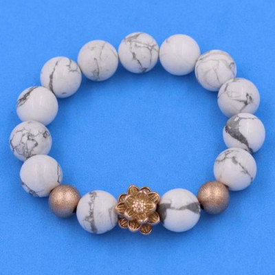 Chuỗi vòng tay Đá Howlite 12 ly - Vòng tay Hoa Sen vàng hồng VHWLHSHBH12 - hợp mệnh Kim, mệnh Thủy
