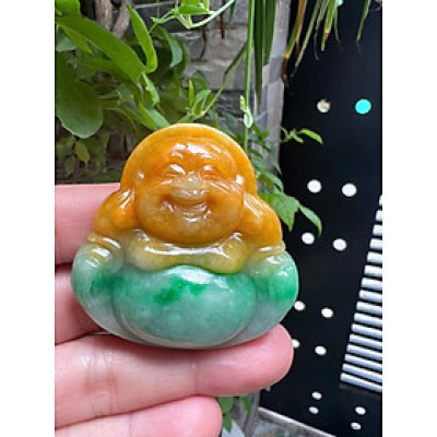 Mặt dây chuyền Phật Di Lặc Cẩm Thạch Vàng Xanh tự nhiên mới đẹp Kt Cao 49mm Ngang 49mm Dầy 12mm Nam Nữ về bọc vàng lên đeo tốt đẹp ạ