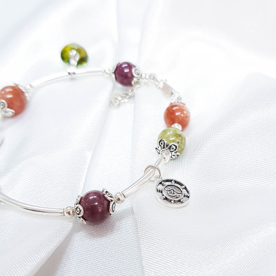 vòng tay mệnh mộc, hỏa đá ganet xanh, đá tourmaline mix đá mặt trời+ charm bàn tay LAT.101