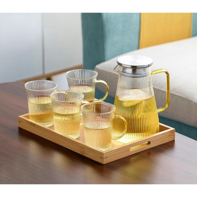 Bộ bình thủy tinh kèm 6 cốc vân tăm chịu nhiệt cao cấp quai vàng ( không kèm khay và giá úp cốc )