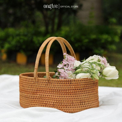 Giỏ mây guột có quai xách hình bầu dục ONGTRE đa năng, đựng hoa quả, đồ khô, decor trang trí