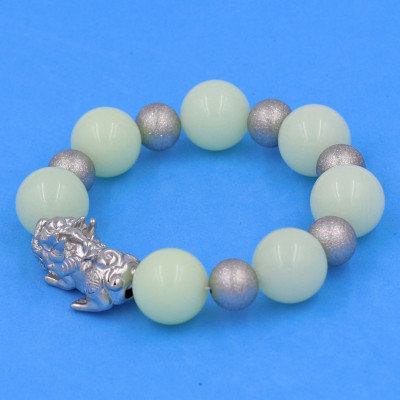 Vòng chuỗi đeo tay đá dạ quang 14 ly ( size lớn ) charm tỳ hưu và bi inox, vòng tay chuỗi hạt