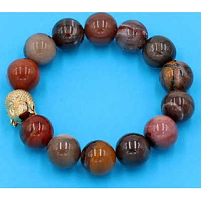 Chuỗi đeo tay gỗ hóa thạch 14 ly - cẩn hạt Như Lai Inox vàng VGHTNLV14 - hợp tất cả các mệnh