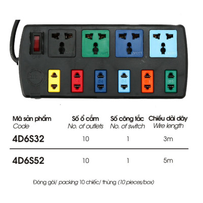 Ổ Cắm Điện LIOA 10 ổ dây 3m(4D6S32) & 5m (4D6S52)