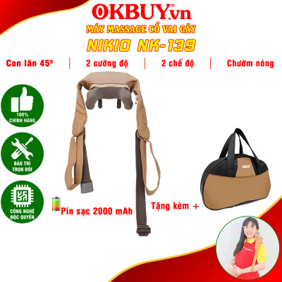 Máy massage cổ vai gáy Nikio NK-139 - Pin sạc, tặng túi xách, nhiệt nóng, động cơ không chổi than êm ái bền bỉ