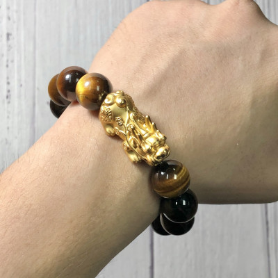 Vòng tay Thạch Anh Mắt Hổ vàng nâu 14mm mix tỳ hưu