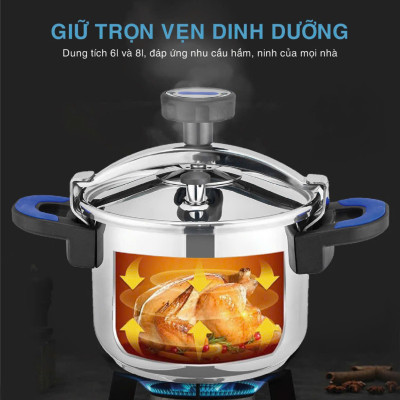 Nồi áp suất inox 304, chống nổ, dùng cho bếp từ bếp ga bếp hồng ngoại dung tích 6 lít và 8 lít hàng chính hãng