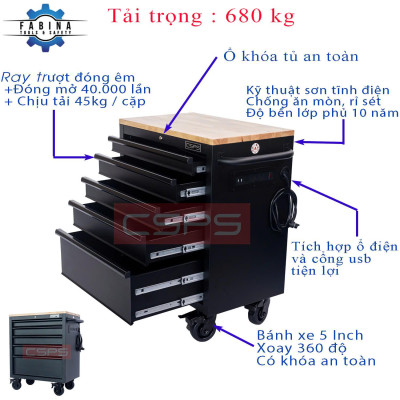 Tủ dụng cụ CSPS 76cm - 05 hộc kéo không nâng hạ màu đen