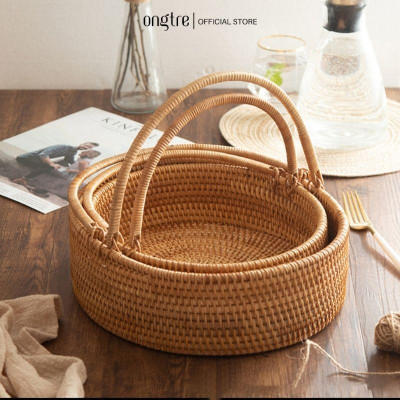 Giỏ mây guột có quai xách hình bầu dục ONGTRE đa năng, đựng hoa quả, đồ khô, decor trang trí