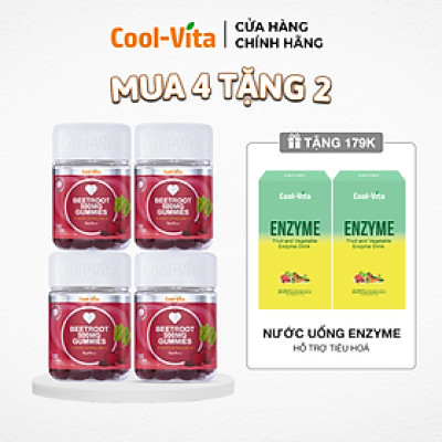 [Mua 4 tặng 2] Combo 4 Kẹo Dẻo Củ Dền Thuần Chay Hỗ Trợ Bổ Sung Sắt Coolvita - (Tặng) 2 Hộp Nước Uống Bổ Sung Enzyme Hỗ Trợ Tiêu Hoá, Thanh Lọc Cơ Thể Cool-Vita (45 ml× 7 túi)/hộp
