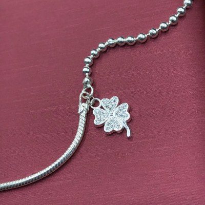 Vòng Tay Lắc Tay Nữ Bạc Ta Dây Mì Bi Cỏ 4 Lá May Mắn Bạc Hiểu Minh LTU575