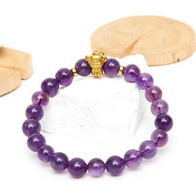 Vòng tay đá thạch anh tím charm tuổi thân bạc mạ vàng 24K 8mm mệnh hỏa, thổ - Ngọc Quý Gemstones