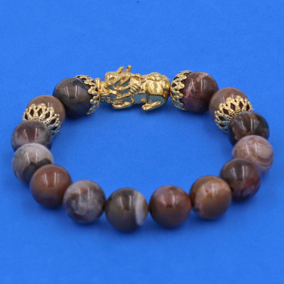 Vòng chuỗi đeo tay Gỗ Hóa Thạch 12 ly - cẩn Tỳ Hưu Phong Thủy inox vàng VGHTTHBKV12