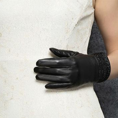 Găng tay nữ da cừu phối ren nữ tính - BHY8700 Bao tay da mùa đông, lót lông mềm, tích hợp cảm ứng.