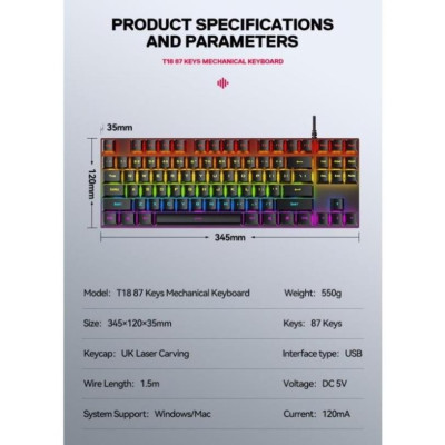 Bàn Phím cơ T-Wolf T18, Blue Switch, USB, LED, 87 Gaming - Hàng chính hãng