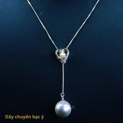 Dây chuyền bạc Ý với mặt dây chuyền hình trái tim, bên trong trái tim rỗng có một viên ngọc trai được bao quanh bởi các đường bạc, phù hợp đi làm, đi học, phong cách đơn giản, trẻ trung - CM71.2