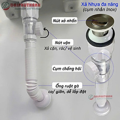Bộ Xả Lavabo Xi Phông Thoát Nước Nhiều Loại Inox Và Nhựa - Kiểu nút nhấn, dùng cho lavabo có lỗ chống xả tràn