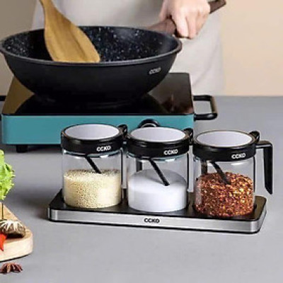 Set 3 hũ đựng gia vị thủy tinh CCKO có tay cầm kèm khay hàng chính hãng