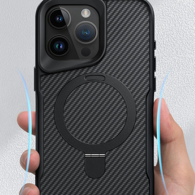 Ốp lưng cho iPhone 15 Pro Max, iPhone 15 Pro hiệu Likgus Fiber hỗ trợ sạc không dây, kèm kệ chống lưng, vân carbon chống trơn trượt, chống sốc cao cấp - Hàng chính hãng