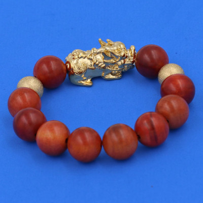 Chuỗi hạt đeo tay Gỗ Đỏ 15 ly - Vòng đeo tay Tỳ Hưu inox vàng VGOTHHBV15 - Vòng đeo tay size lớn