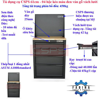 Tủ dụng cụ CSPS 61cm - 04 hộc kéo màu đen ván gỗ vách lưới
