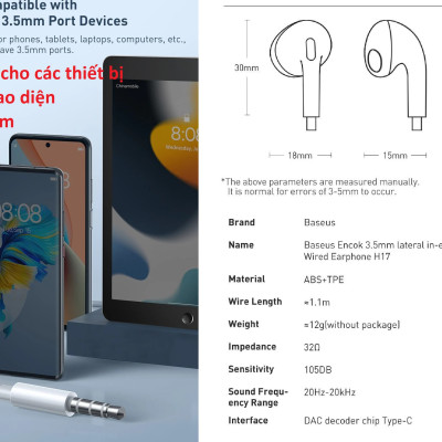 Tai nghe nhét tai hỗ trợ mic chân cắm 3.5mm Baseus Encok H17 NGCR020002 -Hàng chính hãng