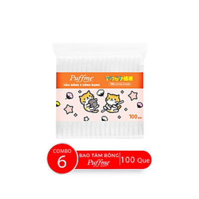 Combo 6 Bao Tăm Bông 2 Công Dụng PUFFME, 100 Que/Bao