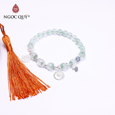 Vòng tay đá thạch anh ưu linh xanh phối charm hoa cúc size hạt 6mm mệnh hỏa, mộc - Ngọc Quý Gemstones