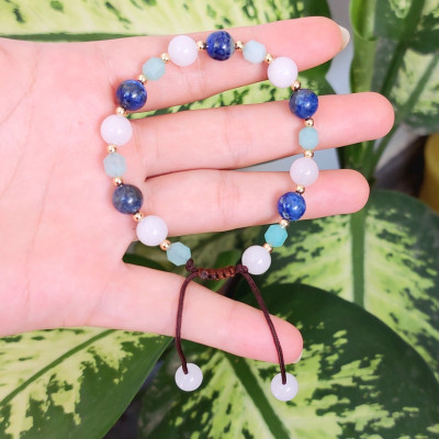 Vòng tay Nữ phong thủy đá Amazonite mix bi bạc tròn hút Tài Lộc Duyên kết dây cotton thủ công