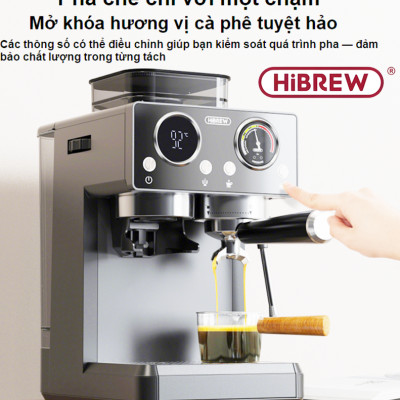 Máy pha và xay cà phê bán tự động 3 trong 1 Espresso, Cappuccino, Latte thương hiệu Mỹ cao cấp HiBREW H20 - Công suất 1500W 20bar - Hàng chính hãng