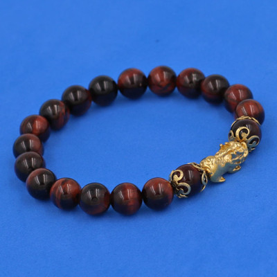 Vòng đeo tay đá Mắt Hổ Đỏ Đen 8 ly - cẩn Tỳ Hưu Phong Thủy inox vàng VMHOETHHKV8 - hợp mệnh Hỏa, mệnh Thổ