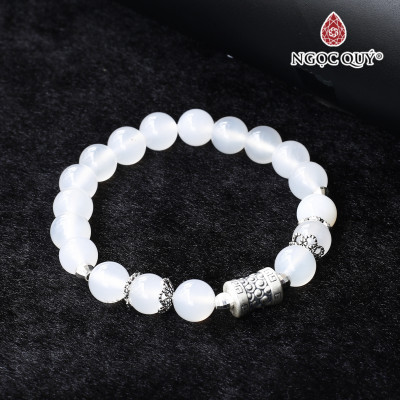 Vòng mã não trắng 8mm phối charm bạc lục tự bạc mệnh thủy kim - Ngọc Quý Gemstones