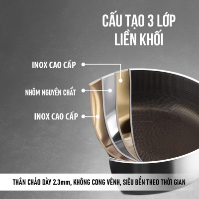 Chảo Inox 3 lớp liền khối chống dính Kalpen Nano Titanium Dauer chuản Đức - Hàng chính hãng