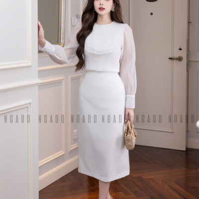 Set áo váy voan trắng bút chì NGADO , set áo kèm váy , set áo váy Nữ