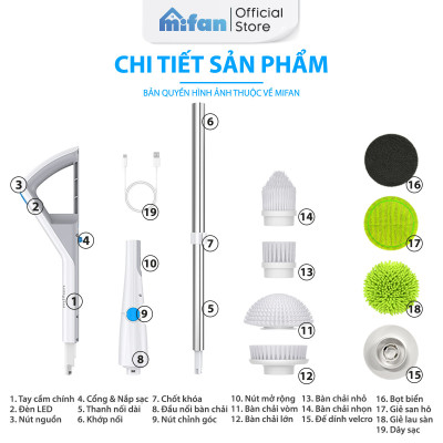 Chổi Cọ Điện Đa Năng Mifan C3 - Công suất 84W, Chống nước IPX7, Pin sạc 2000mAh, Kèm 7 đầu chổi - Bảo hành 12 tháng