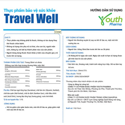 Nước Uống Travel Well Youth Pharma Hỗ Trợ Làm Giảm Tình Trạng Say Tàu Xe Hộp 10 chai