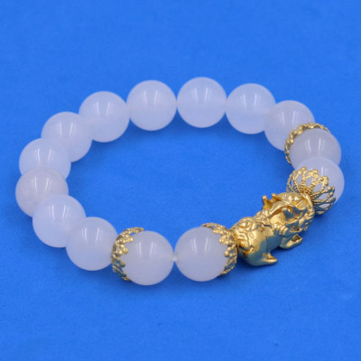 Chuỗi đeo tay Thạch Anh Trắng 12 ly - cẩn Tỳ Hưu Phong thủy inox vàng VTATTHBKV12