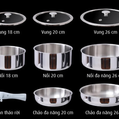 Bộ nồi chảo iNox cán rời 9 món - Không phủ lớp chống dính