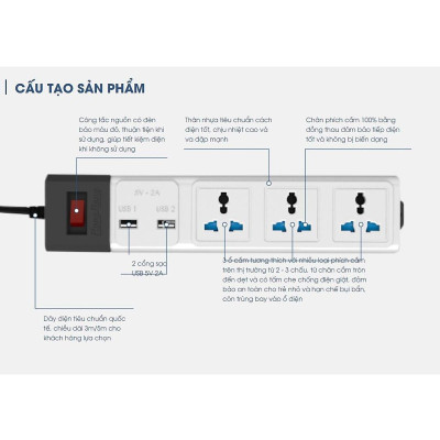 Ổ cắm đa năng USB 5m Rạng Đông Model: OC02.USB 3C/5M/10A