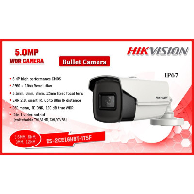 Camera HDTVI Starlight 5MP Hikvision DS-2CE16H8T-IT5F, hồng ngoại 80m, chống ngược sáng, Chuẩn bảo vệ IP67 - Hàng chính hãng
