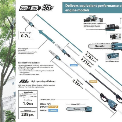 MÁY CƯA CÀNH TRÊN CAO DÙNG 18V X2 300MM / 2238MM/BL MAKITA DUA300ZB (KHÔNG KÈM PIN VÀ SẠC) - HÀNG CHÍNH HÃNG