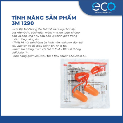 Nút bịt tai chống ồn 3M 1110 có dây đeo, êm tai không đau nhức