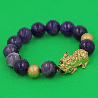 Vòng chuỗi đeo tay đá thạch anh tím than 14 ly ( size lớn ) charm tỳ hưu và bi inox vàng, vòng tay chuỗi hạt