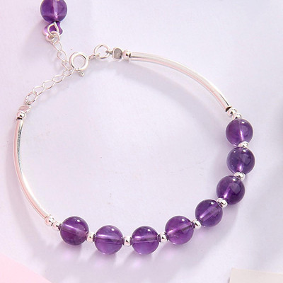 Vòng tay đá thạch anh tím phối charm ống bạc mệnh hỏa, thổ - Ngọc Quý Gemstones