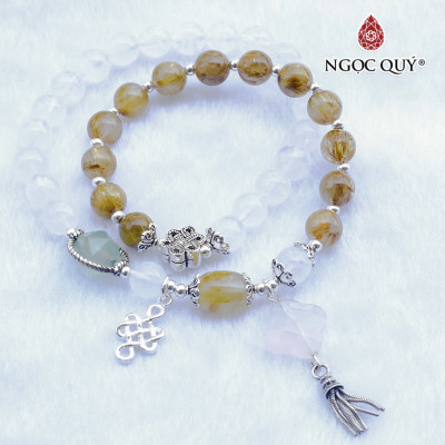 Vòng 2 line thạch anh tóc vàng phối thạch anh ưu linh trắng charm bạc - Ngọc Quý Gemstones