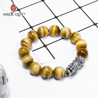 Vòng tay đá mắt hổ vàng tâm phối tỳ hưu bạc thái size hạt 13mm mệnh thổ , kim - Ngọc Quý Gemstones