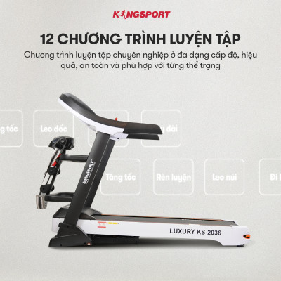Máy chạy bộ tại nhà Kingsport Luxury KS-2036 có chức nâng dốc tự động, kèm theo đai massage và thanh gập bụng